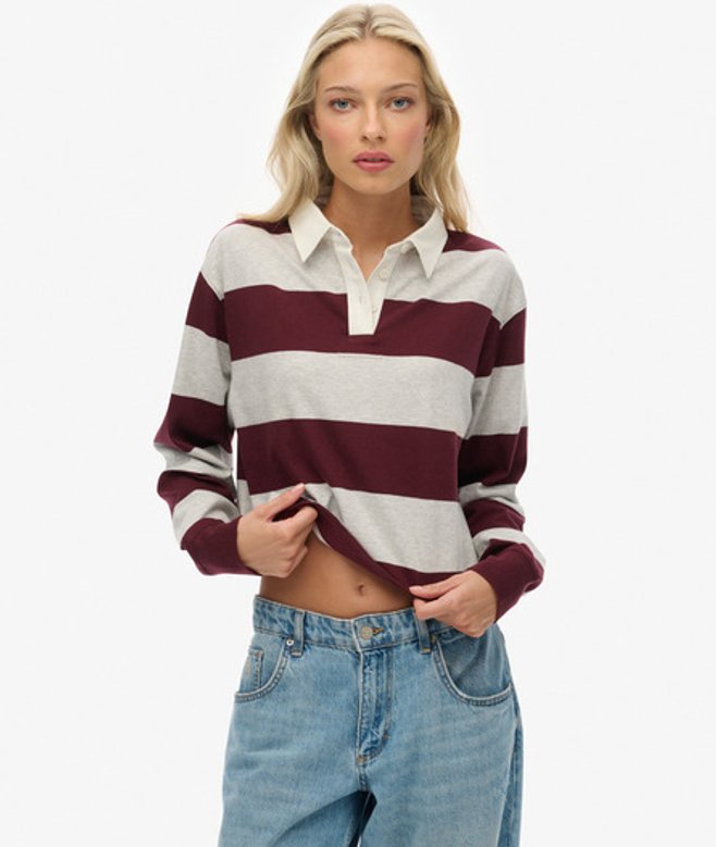 Superdry Damen Athletic Essentials Gestreiftes Rugby-oberteil in Cropped-länge Red - Größe: 34 von Superdry