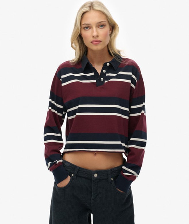 Superdry Damen Athletic Essentials Gestreiftes Rugby-oberteil in Cropped-länge Red - Größe: 40 von Superdry