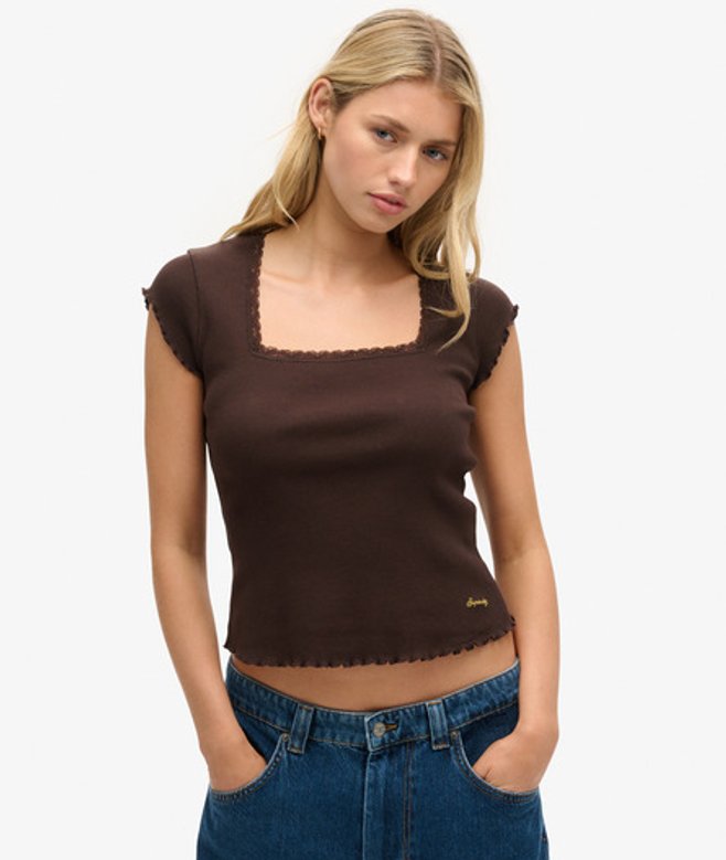 Superdry Damen Athletic Essentials Oberteil mit Eckigem Ausschnitt Braun - Größe: 10-12 von Superdry