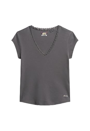 Superdry Damen Athletic Essentials Oberteil mit Spitzenbesatz und V-Ausschnitt Dunkles Schiefergrau 42-44 von Superdry
