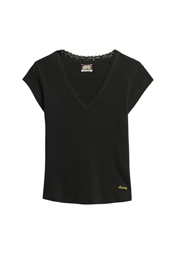 Superdry Damen Athletic Essentials Oberteil mit Spitzenbesatz und V-Ausschnitt Schwarz 38-40 von Superdry