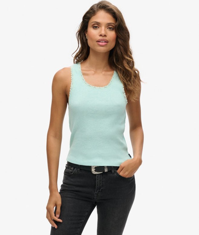 Superdry Damen Athletic Essentials Tanktop mit Spitzenbesatz Grün - Größe: M/L von Superdry