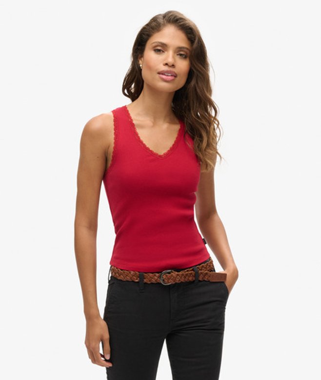 Superdry Damen Athletic Essentials Tanktop mit Spitzenbesatz Rot - Größe: 14-16 von Superdry