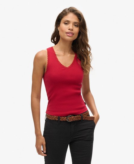 Superdry Damen Athletic Essentials Tanktop mit Spitzenbesatz Rot - Größe: 6-8 von Superdry