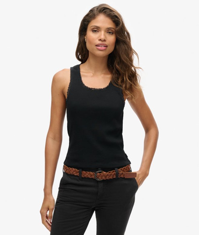 Superdry Damen Athletic Essentials Tanktop mit Spitzenbesatz Schwarz - Größe: XS/S von Superdry