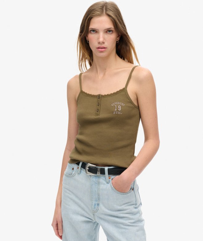 Superdry Damen Athletic Essentials Trägertop mit Grafik und Knöpfen Grün - Größe: 38-40 von Superdry