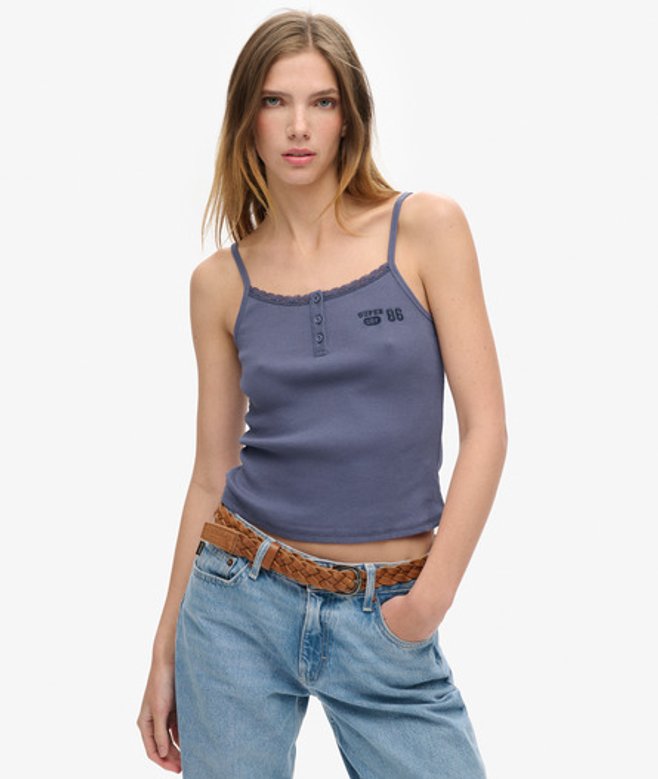 Superdry Damen Athletic Essentials Trägertop mit Grafik und Knöpfen Marineblau - Größe: 38-40 von Superdry