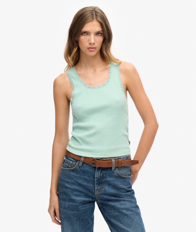 Superdry Damen Athletic Essentials Vintage Tanktop mit Spitzenbesatz Grün - Größe: M/L von Superdry