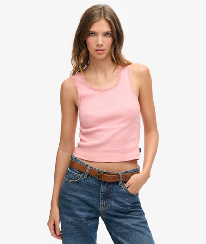 Superdry Damen Athletic Essentials Vintage Tanktop mit Spitzenbesatz Pink - Größe: M/L von Superdry