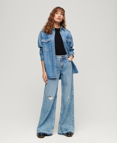 Superdry Women's Ausgestellte Jeans mit Unversäubertem Saum und Weitem Bein Blau - Größe: 26/32 von Superdry