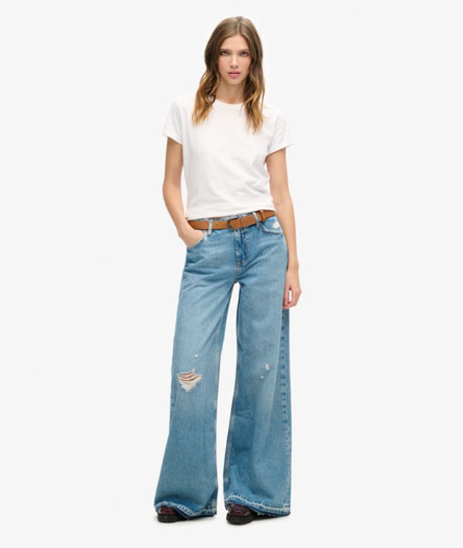 Superdry Damen Ausgestellte Jeans mit Unversäubertem Saum und Weitem Bein Blau - Größe: 28/30 von Superdry