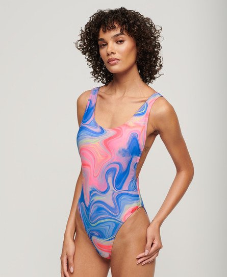 Superdry Damen Badeanzug mit Tiefem Rückenausschnitt und Print Pink - Größe: 44 von Superdry