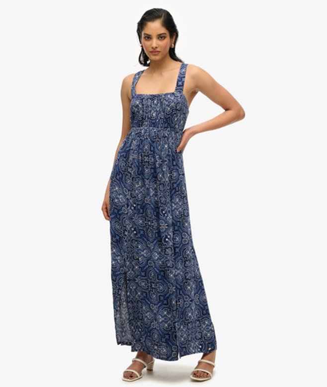 Superdry Damen Bedrucktes Maxikleid mit Bindeverschluss Hinten Navy - Größe: 44 von Superdry