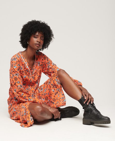 Superdry Women's Bedrucktes Tea Dress in Midilänge mit V-Ausschnitt Orange - Größe: 36 von Superdry