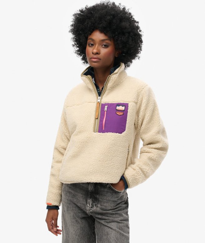 Superdry Damen Beige und Lila Vintage Retro Fleecepullover mit Halblangem Reißverschluss, Größe: 38 von Superdry