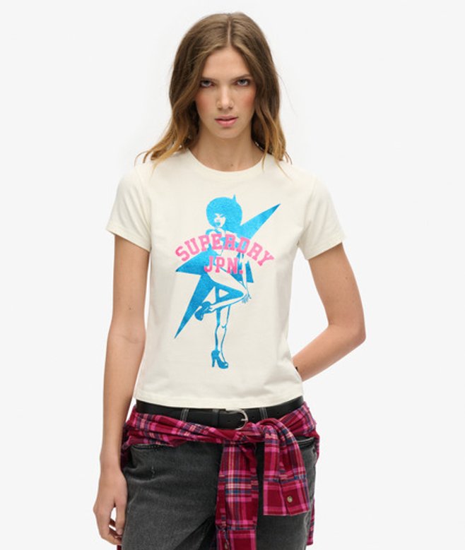Superdry Damen Creme und Blau Besonders Figurbetontes Pop Archive T-Shirt mit Grafikdruck, Größe: 36 von Superdry