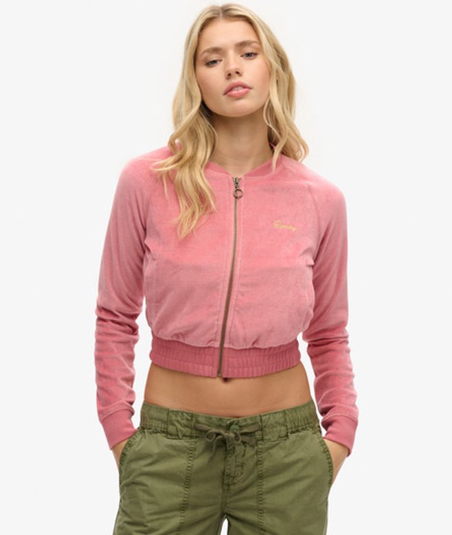 Superdry Damen Rosa Besticktes Baseballoberteil aus Velours mit Reißverschluss, Größe: 38 von Superdry