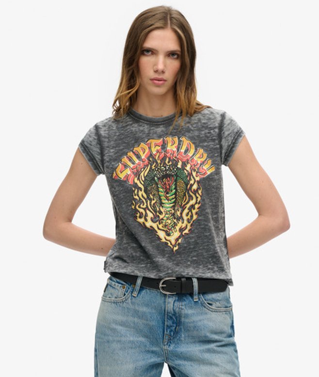 Superdry Damen Schwarz und Gelb Biker Rock T-Shirt mit Grafik, Größe: 38 von Superdry