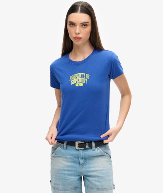 Superdry Damen Blau und Gelb Tailliertes Super Athletics T-Shirt, Größe: 40 von Superdry