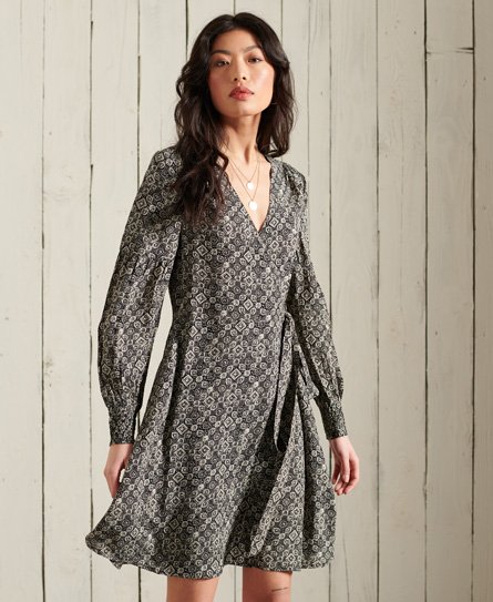 Superdry Women's Bohemian Wickelkleid Schwarz - Größe: 8 von Superdry