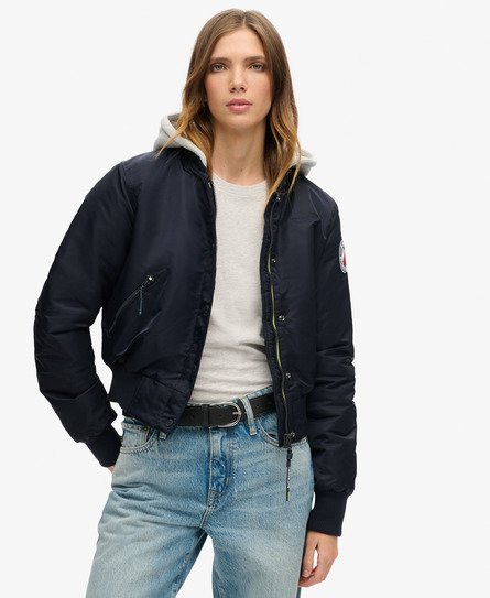 Superdry Damen Marineblau Bomberjacke mit Kapuze Logo-Druck, Größe: 38 von Superdry