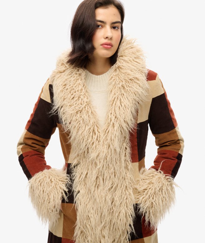 Superdry Damen Braun und Beige Langer Afghan-Mantel im Patchwork-Look, Größe: 38 von Superdry
