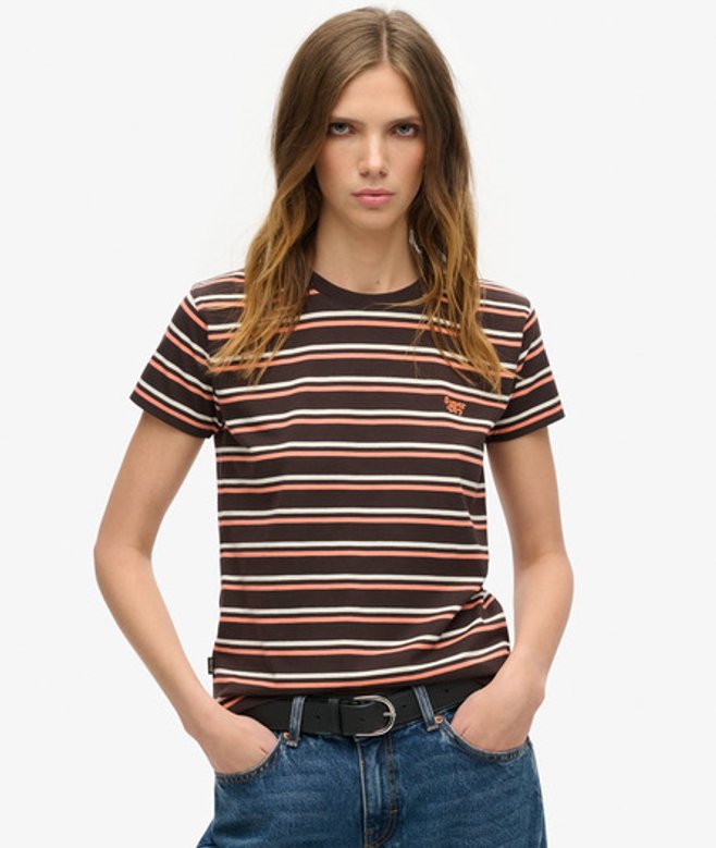 Superdry Damen Brown und Black Figurbetontes Essential T-Shirt mit Logo Gestreift, Größe: 44 von Superdry