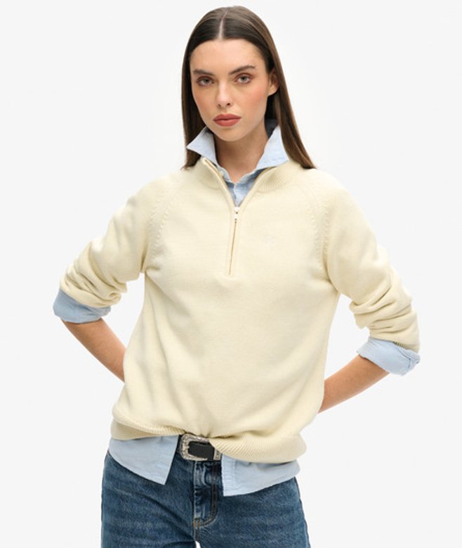 Superdry Damen Classic Cotton Strickpullover mit Reißverschluss Creme - Größe: 42 von Superdry
