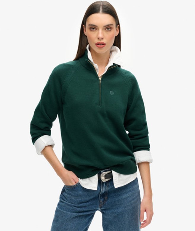 Superdry Damen Classic Cotton Strickpullover mit Reißverschluss Grün - Größe: 44 von Superdry