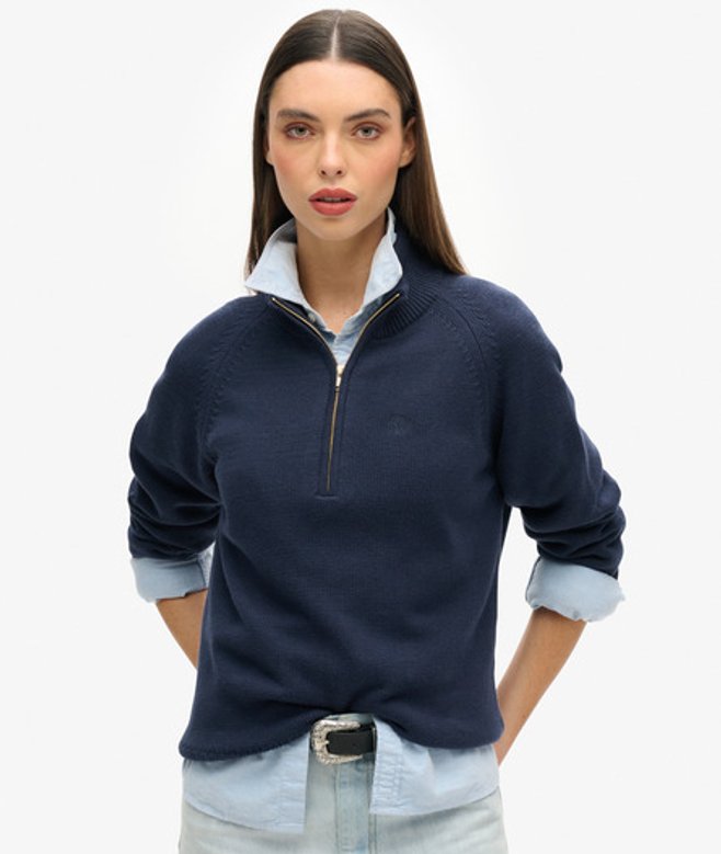 Superdry Damen Classic Cotton Strickpullover mit Reißverschluss Marineblau - Größe: 42 von Superdry