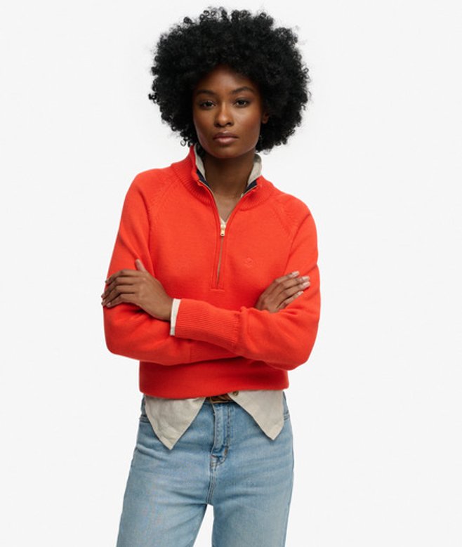 Superdry Damen Classic Cotton Strickpullover mit Reißverschluss Orange - Größe: 40 von Superdry