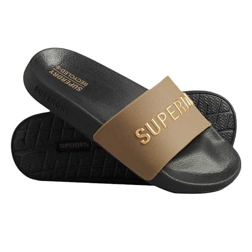 Superdry Damen Code Logo Vegan Pool Slide Flipflop, Schwarz, Fossil Braun, Metallic-Gold, Large von Superdry