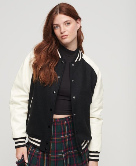 Superdry Damen Schwarz und Weiß College Varsity Bomberjacke Farbblock, Größe: 40 Schwarz/Weiss - Größe: 40 von Superdry