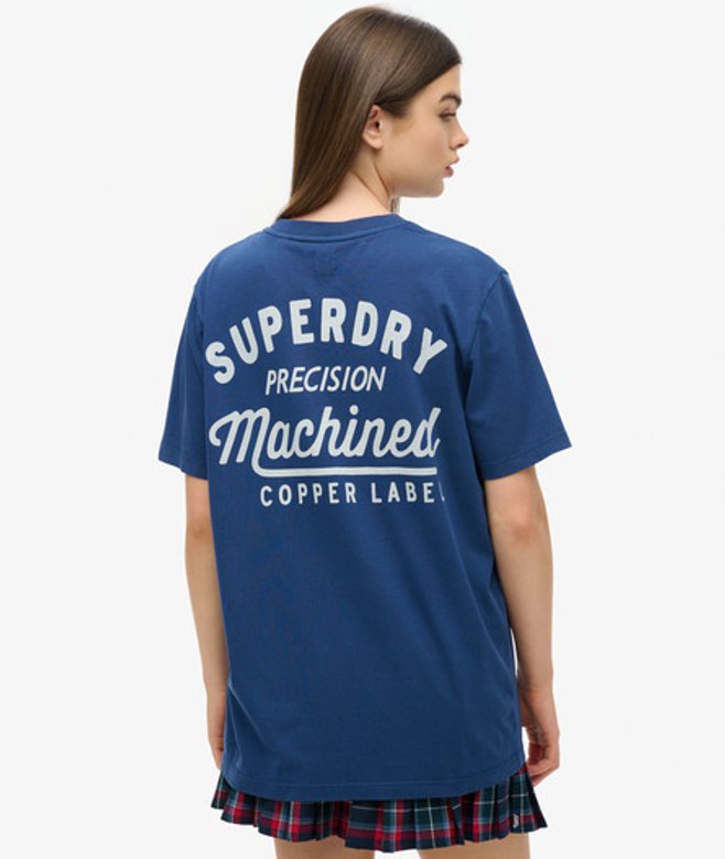 Superdry Damen Blau und Weiß Oversize Copper Label T-Shirt mit Grafik, Größe: L von Superdry