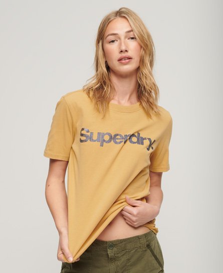 Superdry Damen Gold Core Logo T-Shirt in Metallic-Optik mit Logo-Druck, Größe: 34 von Superdry