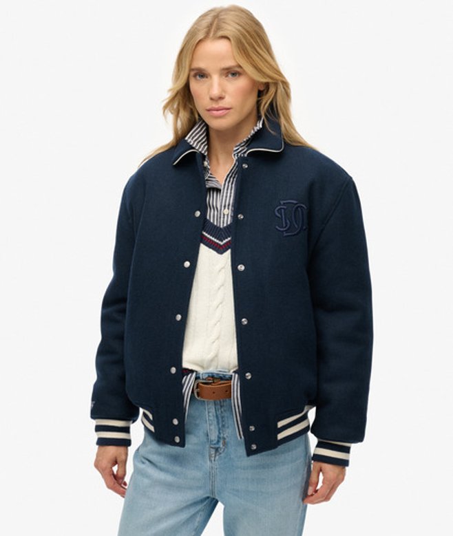 Superdry Damen Country Club Bomberjacke aus Wolle Blue - Größe: 36 von Superdry