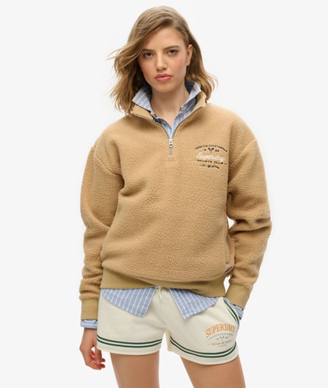 Superdry Women's Country Club Fleece-sweatshirt mit Halblangem Reißverschluss Beige - Größe: 40 von Superdry