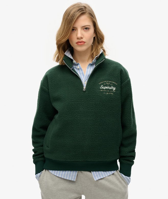 Superdry Women's Country Club Fleece-sweatshirt mit Halblangem Reißverschluss Grün - Größe: 42 von Superdry