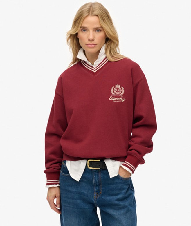 Superdry Damen Country Club Sweatshirt mit V-ausschnitt Red - Größe: 40 von Superdry