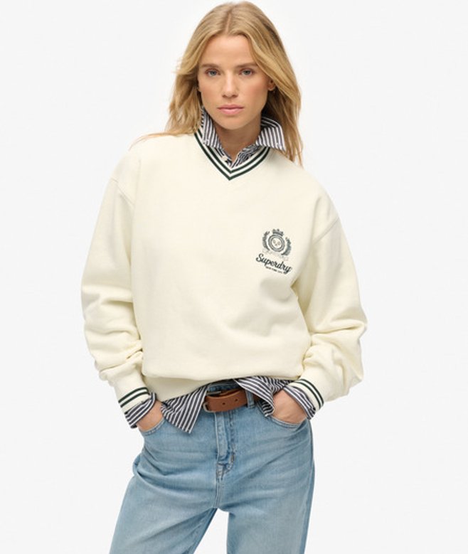 Superdry Damen Country Club Sweatshirt mit V-ausschnitt White - Größe: 42 von Superdry