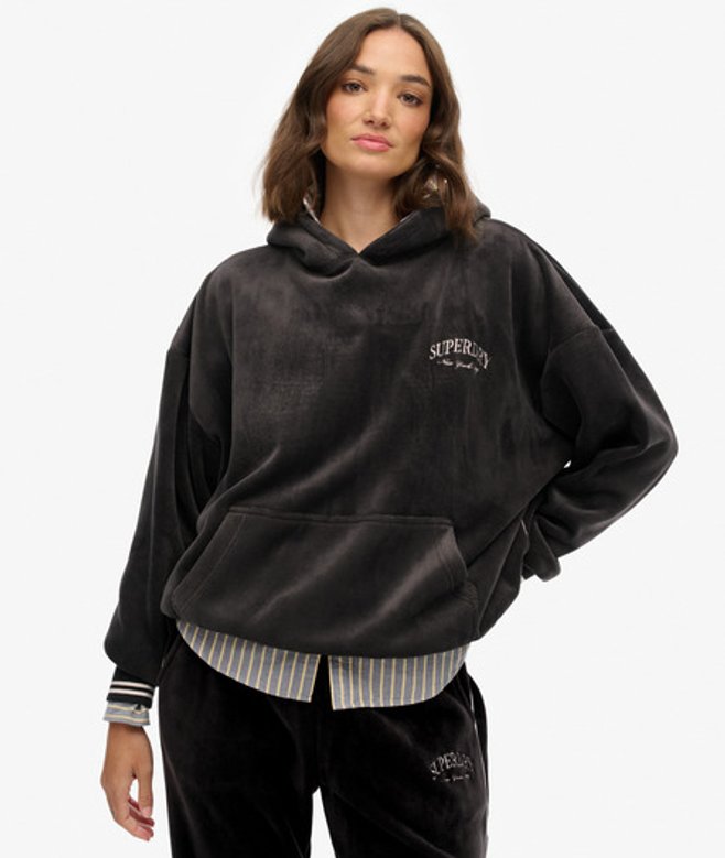 Superdry Damen Country Club Velour Relaxed Hoodie Black - Größe: 44 von Superdry