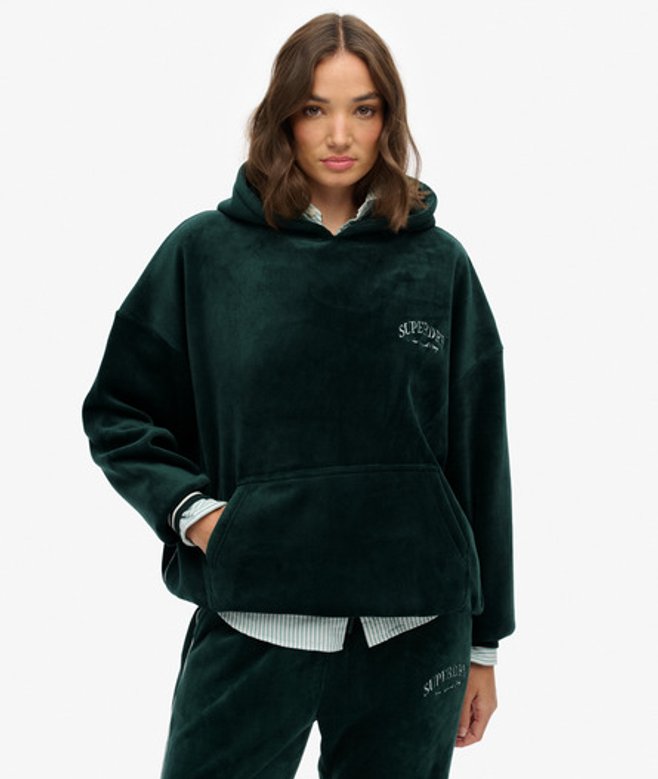 Superdry Damen Country Club Velour Relaxed Hoodie Green - Größe: 40 von Superdry