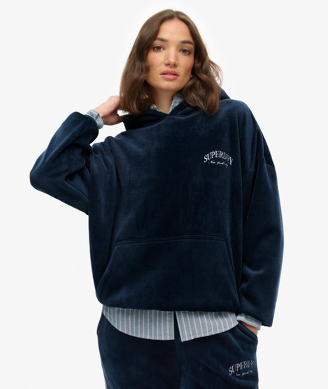 Superdry Damen Country Club Velour Relaxed Hoodie Navy - Größe: 42 von Superdry