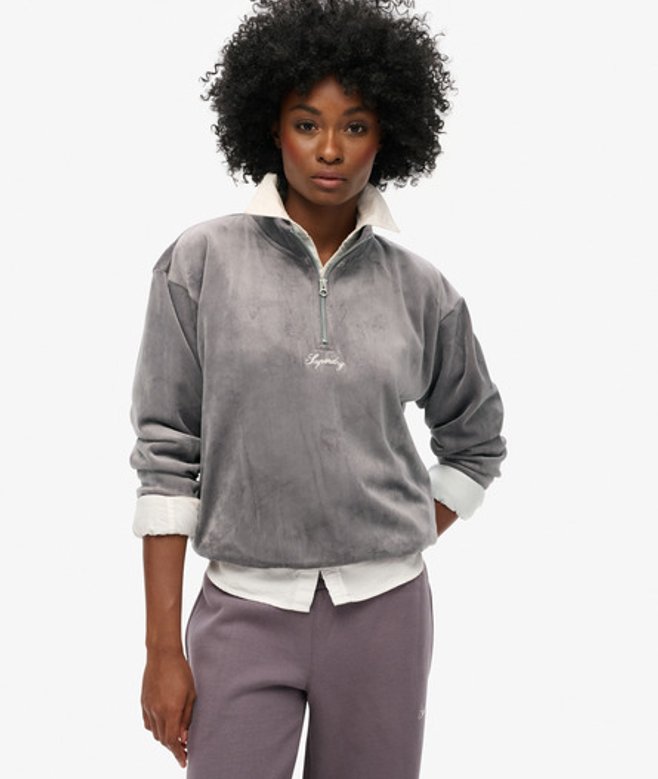 Superdry Damen Country Club Velours-oberteil mit Halblangem Reißverschluss Grey - Größe: 34 von Superdry