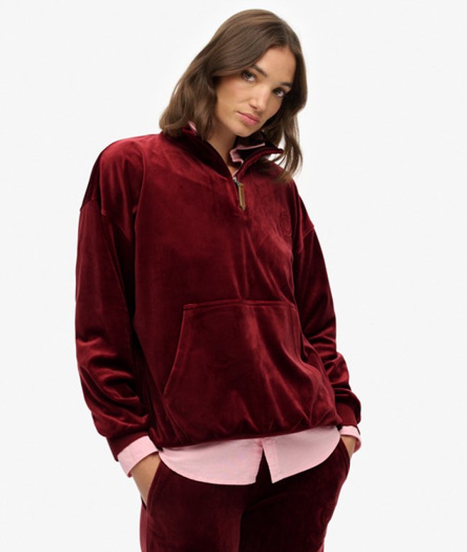 Superdry Damen Country Club Velours-oberteil mit Viertelreißverschluss Red - Größe: 44 von Superdry
