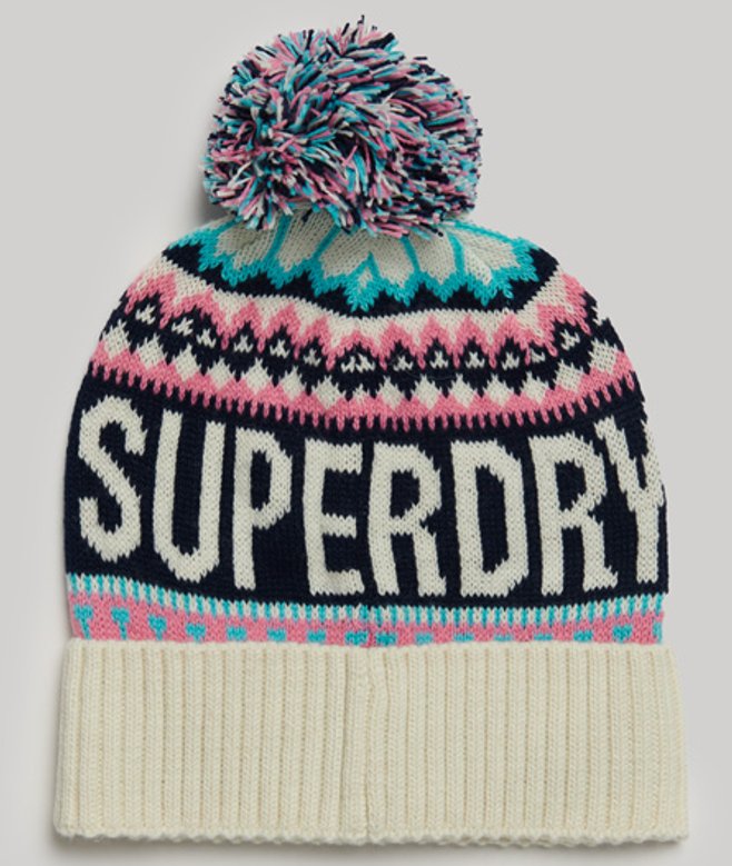 Superdry Damen Creme, Blau und Rosa Beaniemütze mit Fairisle-Muster Gemustert, Größe: Einheitsgröße von Superdry