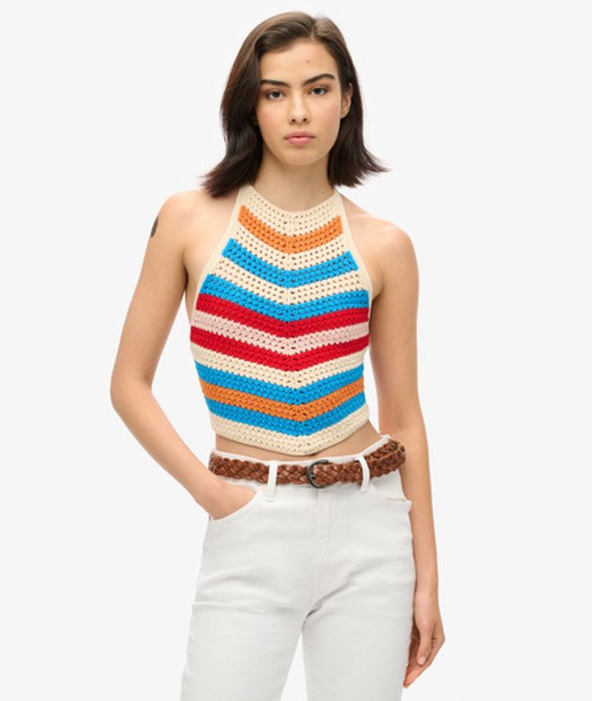 Superdry Damen Creme, Blau und Rot Häkeloberteil mit Zipfelsaum Nackenträger Farbblock, Größe: 42 von Superdry