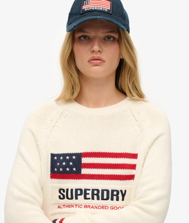 Superdry Damen Creme, Rot und Blau Americana Strickpullover mit Rundhalsausschnitt, Größe: 42 von Superdry