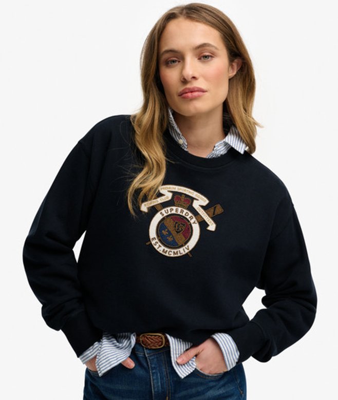 Superdry Damen Crest Lockerer Rundhals-pullover Marineblau/beige - Größe: 42 von Superdry