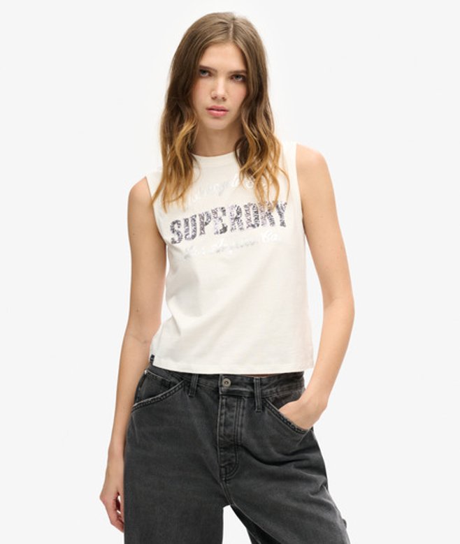 Superdry Women's Eng Anliegendes Archive Tanktop mit Verzierung Creme - Größe: 40 von Superdry